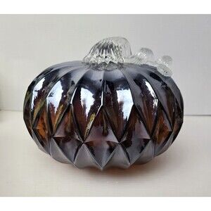 Lighted Faceted Art Glass Pumpkin Burgundy Amber Glass Eye Studio Battery LED 9"